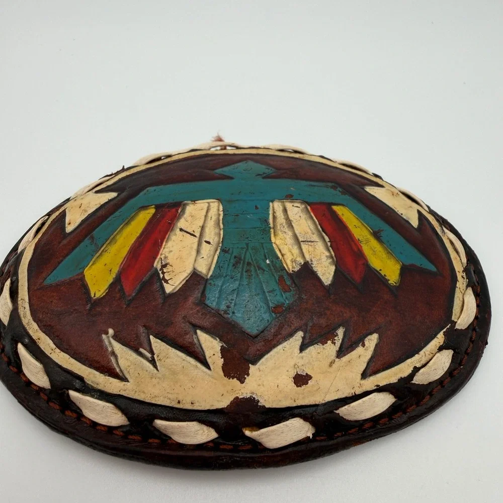 VTG Justin Leather Belt Buckle Hand Tooled Thunderbird Painted Oval 61-P‎